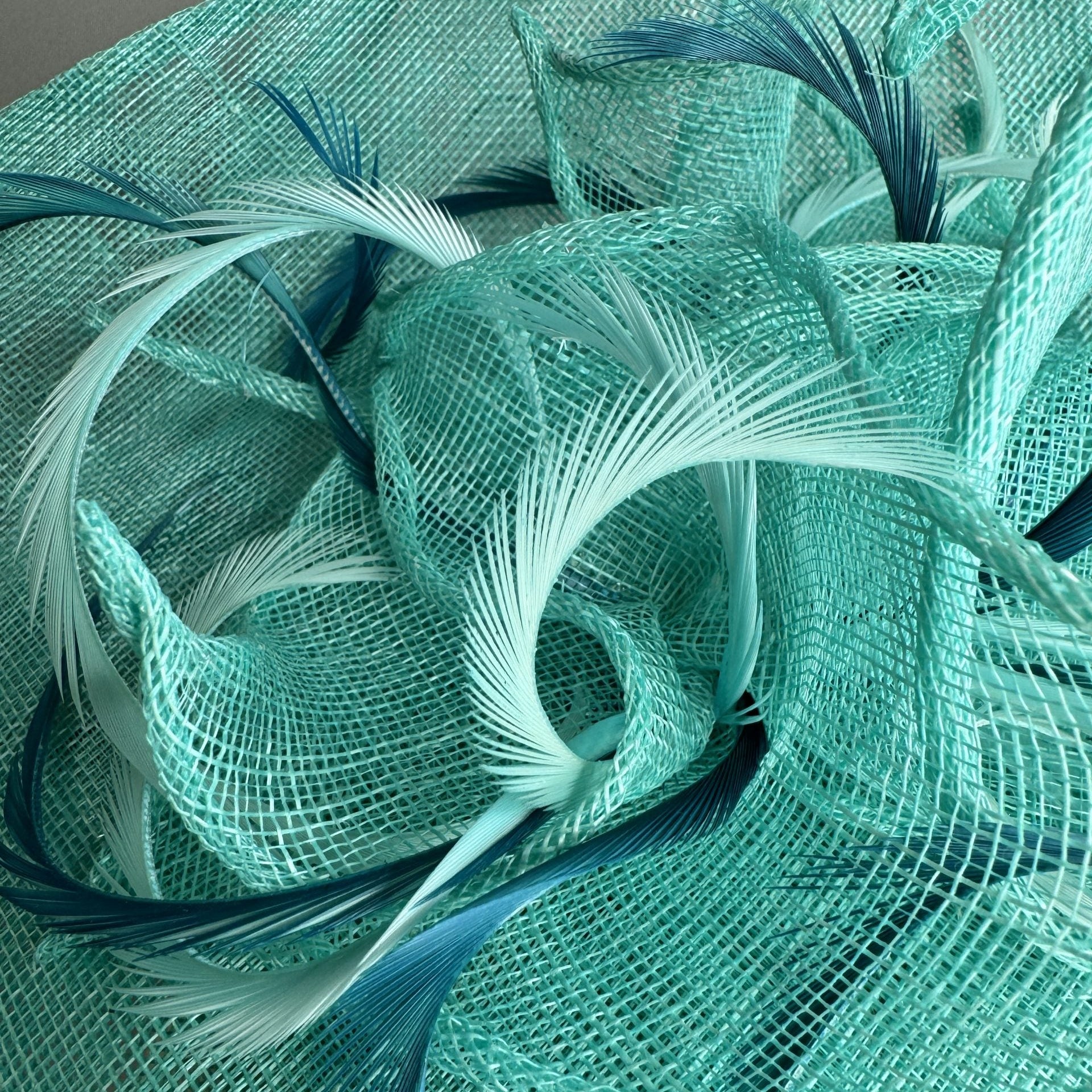 Amelia Aqua Perching Hat by Isabella Josie Royal Ascot Hat One of a kind