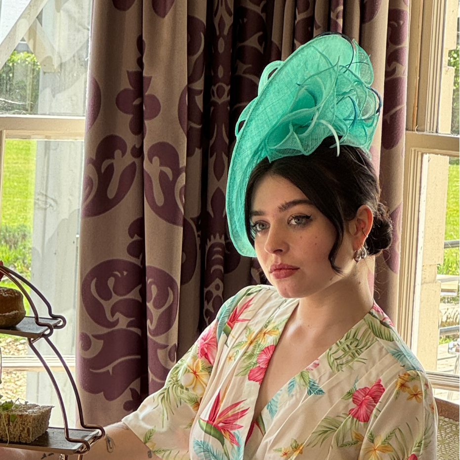 Amelia Aqua Perching Hat by Isabella Josie Royal Ascot Hat One of a kind