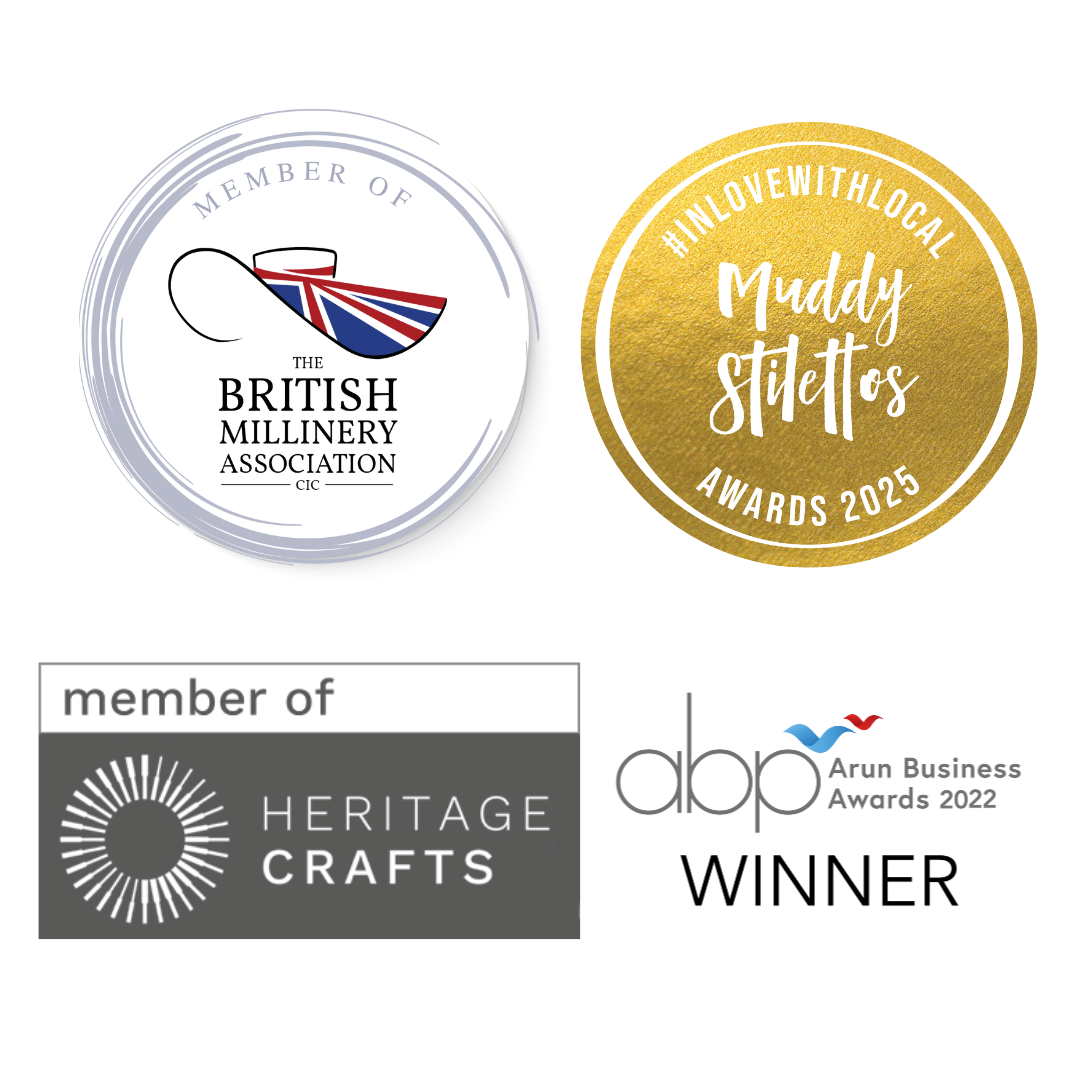 Collection of logos including the British Millinery Association, Muddy Stilettos Awards, Heritage Crafts, and Arun Business Awards on a white background.