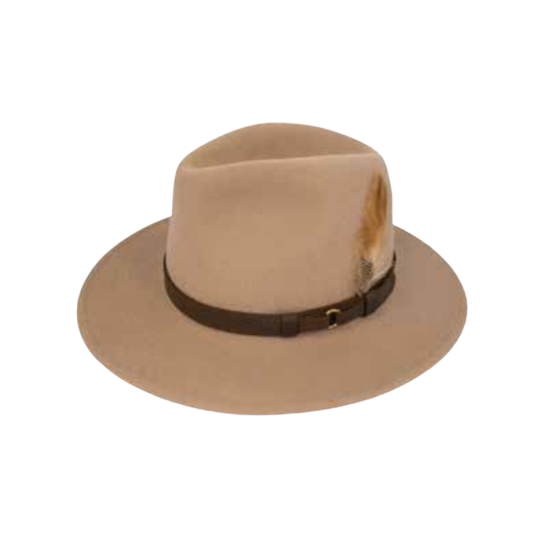 Beige Crushable wool felt fedora with leather trim available at Sussex Hats by Isabella Josie