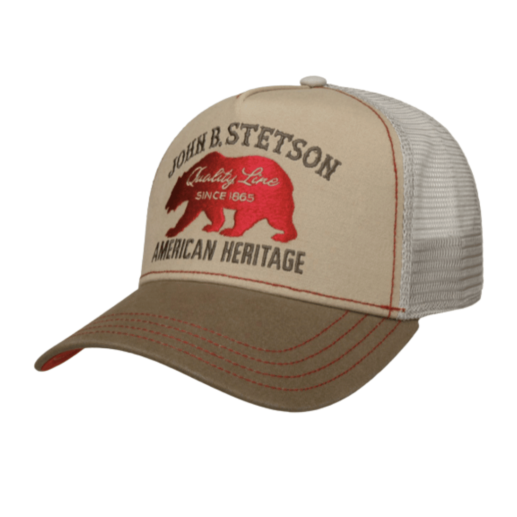 Beige and brown cap with red bear graphic and text on beige background
