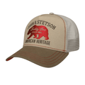 Beige and brown cap with red bear graphic and text on beige background