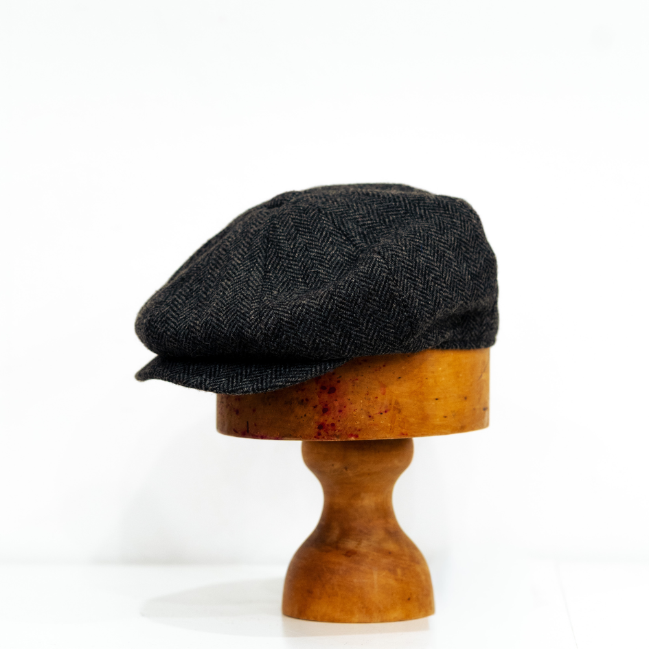 Dark Grey Black  Herringbone Tweed Baker boy cap Denton Mens winter cap from Sussex Hats by Isabella Josie