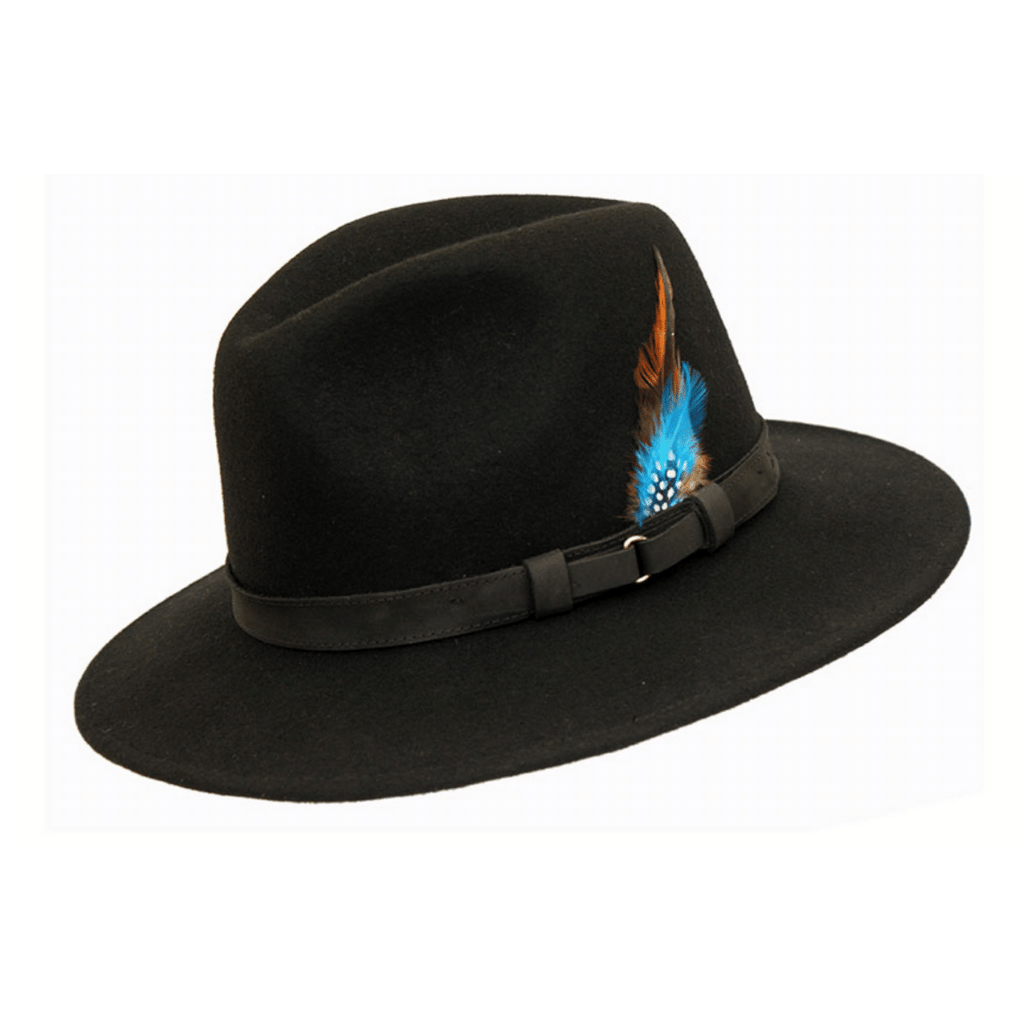Black Crushable wool felt fedora with leather trim available at Sussex Hats by Isabella Josie