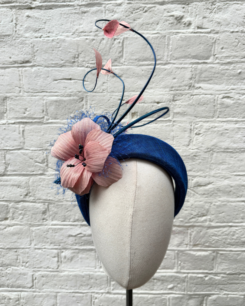 blue halo headpeice with silk abaca flowers and curled quils by isabella josie rear