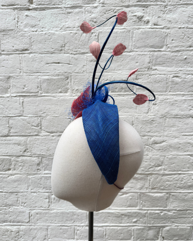 blue halo headpeice with silk abaca flowers and curled quils by isabella josie rear