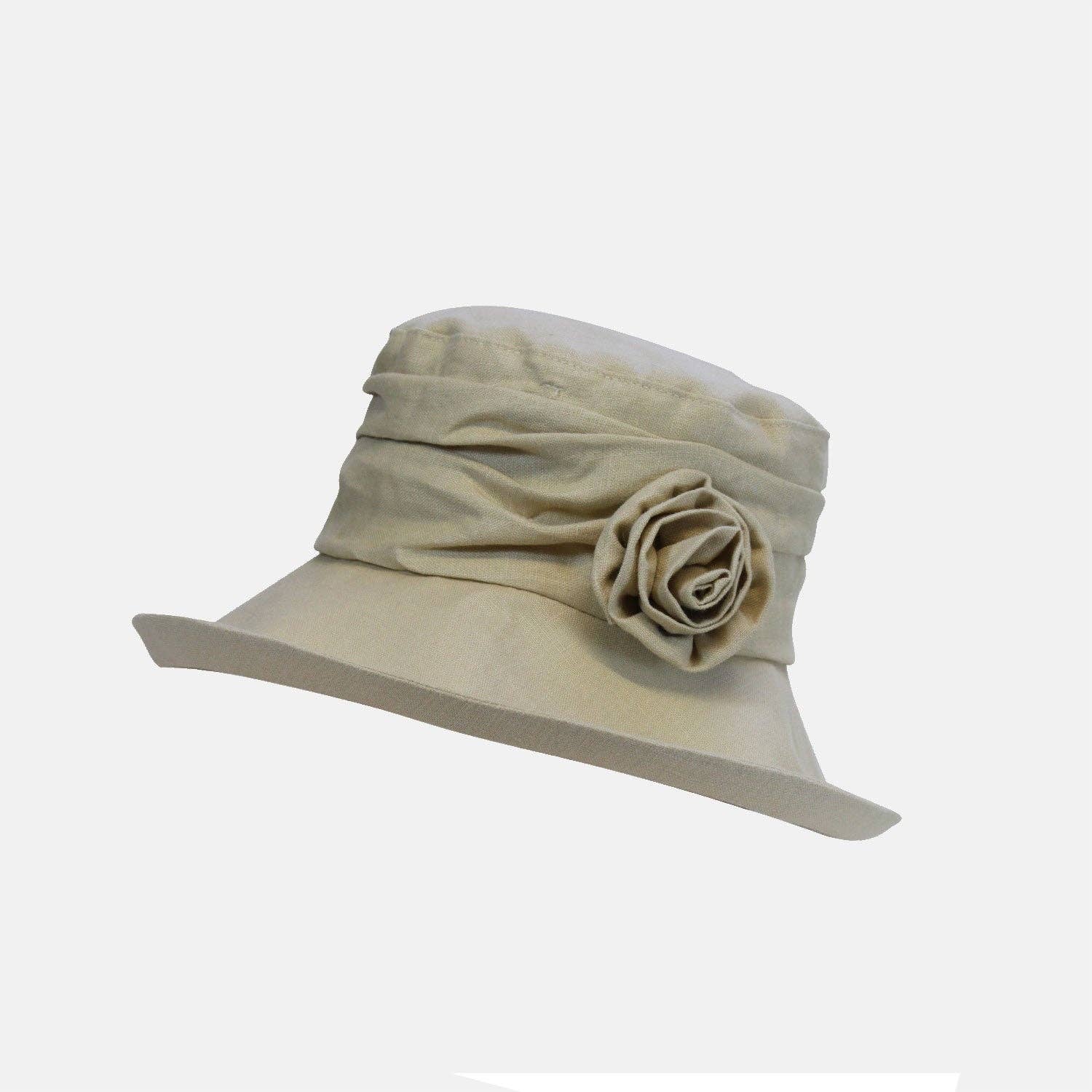 Linen Cloche Hat with Flower Brooch