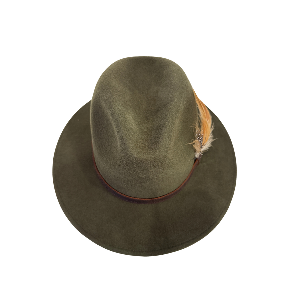 Crushable wool felt fedora with leather trim avallable at Sussex Hats by Isabella Josie