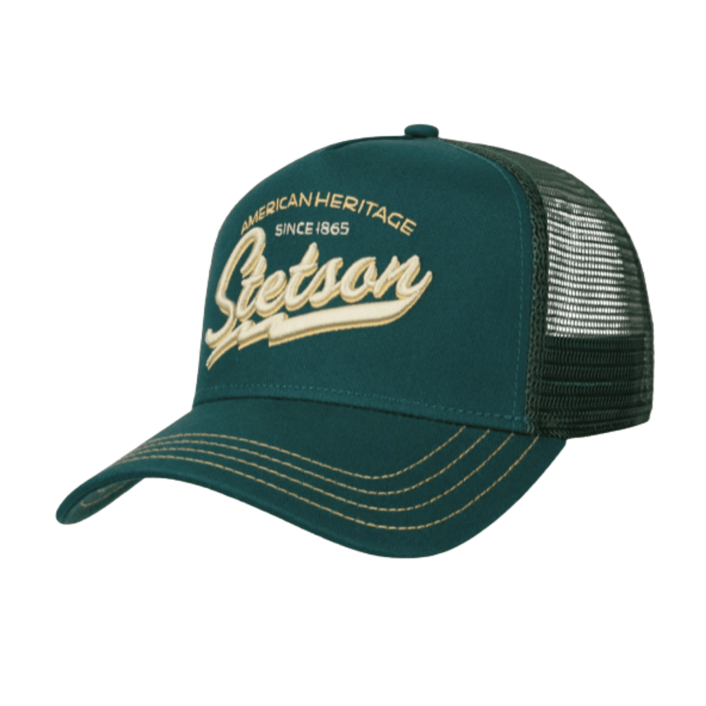 Green trucker cap with 'Stetson' branding on a white background