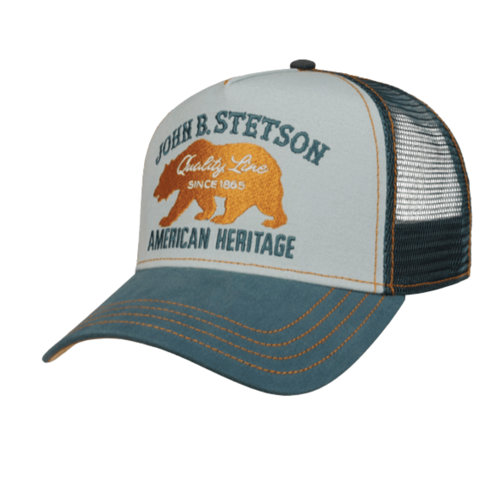 John B. Stetson cap with bear graphic in blue and gold  from Sussex Hats