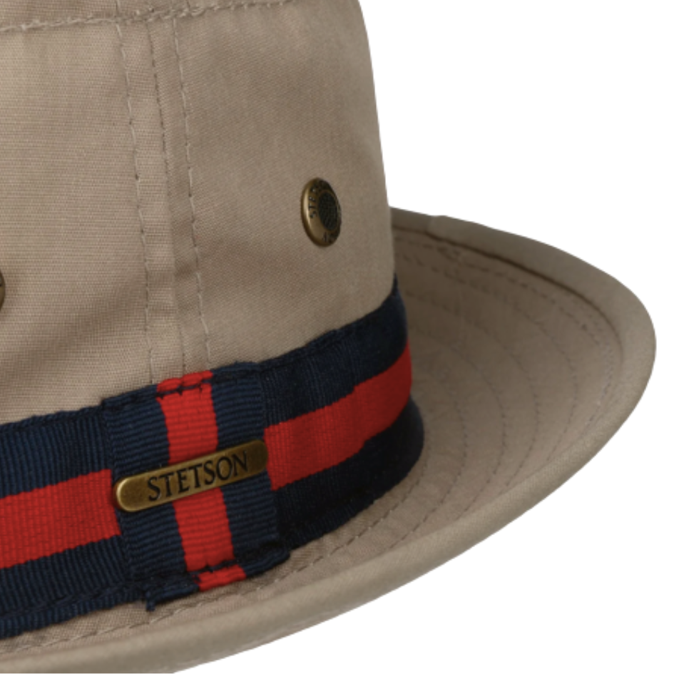 Beige hat with a red and blue striped band featuring Stetson branding on a white background