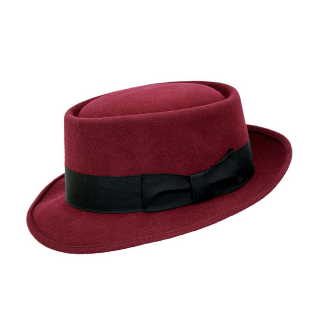 Burgundy red wool felt pork pie hat with ribbon band and bow from Sussex Hats by Isabella Josie
