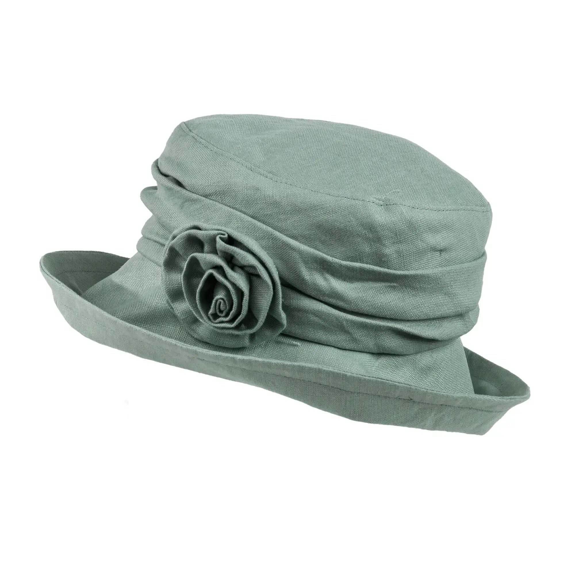 Linen Cloche Hat with Flower Brooch