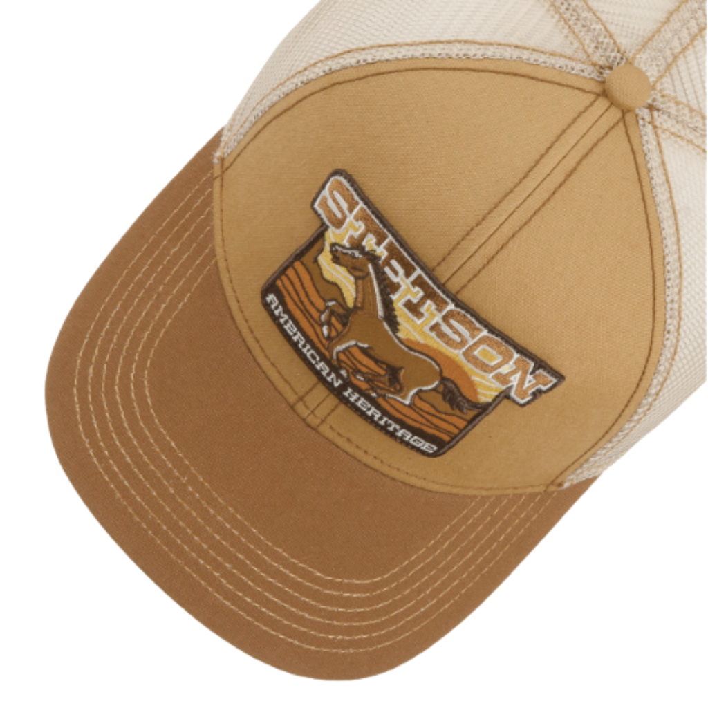 Mustang Beige Brown Stetson cap with horse logo on a white background from Isabella Josie at Sussex Hats