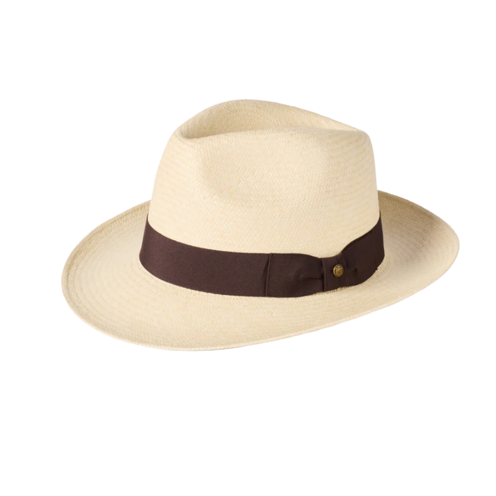 Natural Straw Fedora Panama Snap Brim with Brown Ribbon