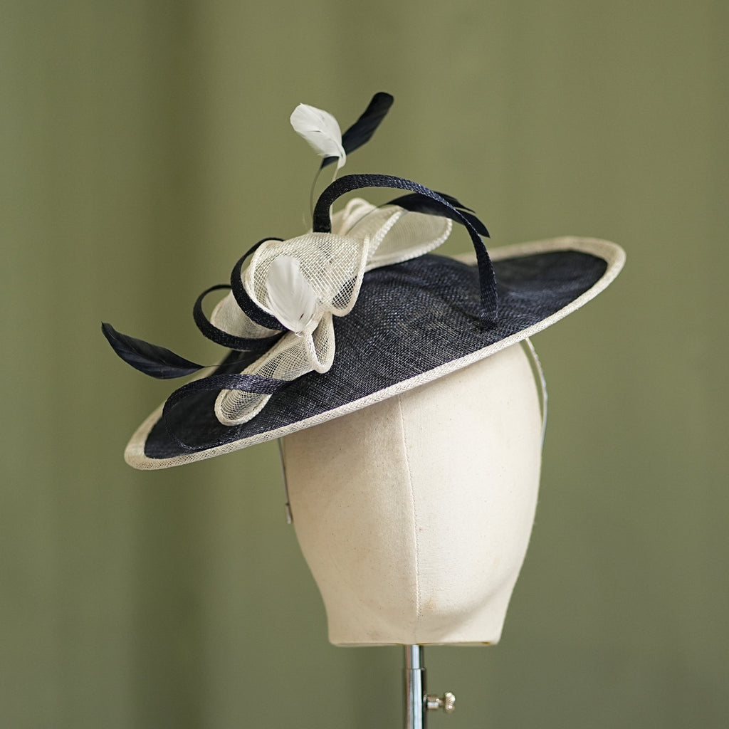 Navy and White Travel Disc Hatinator Wedding Guest from Sussex Hats by Isabella Josie