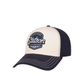 A Stason brand baseball cap with a cream-colored front panel and a navy blue curved brim, featuring a matching navy blue back panels. The front panel has a prominent embroidered Stason Headgear logo patch.
