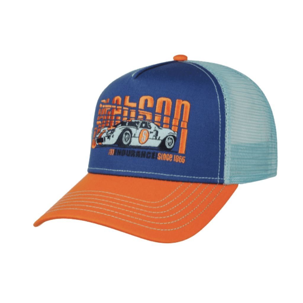 Stetson Endurance Trucker Cap adjustable strap in blue and orange at Sussex Hats