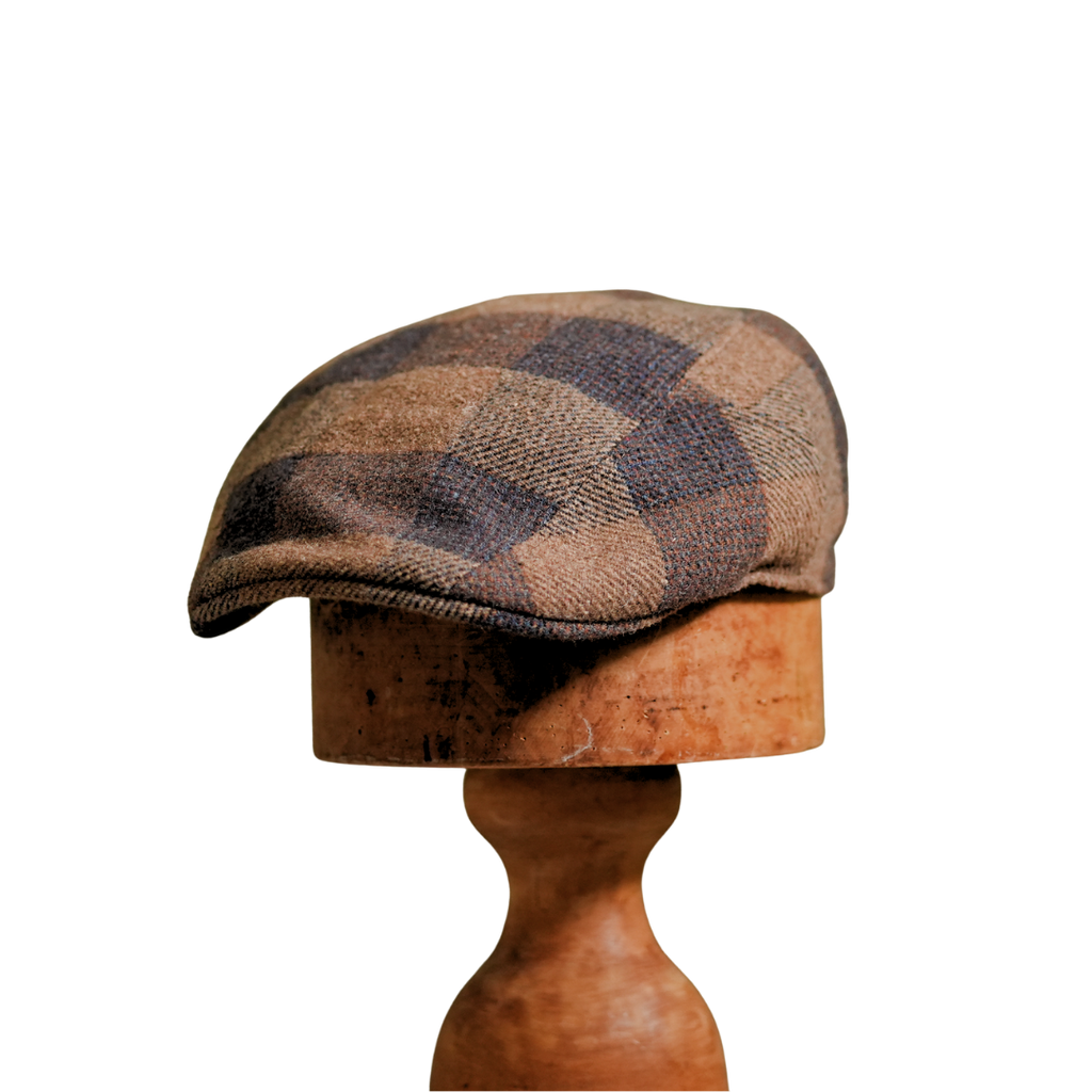Traditional Check Wool Flat Cap in Blue and Beige by Steston