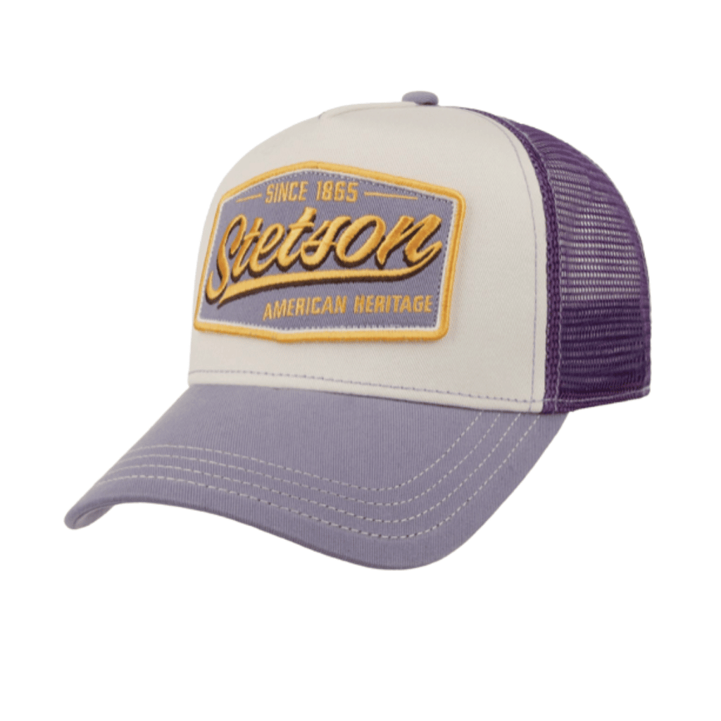 Trucker hat with Stetson lilac logo on a white background