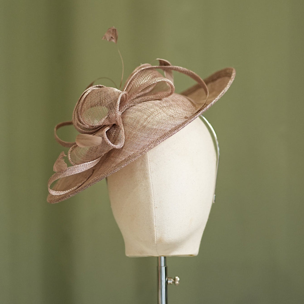 Taupe Travel Disc Hatinator Wedding Guest from Sussex Hats by Isabella Josie