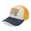 Trucker hat with yellow mesh back and blue bill featuring a logo and text on a white background